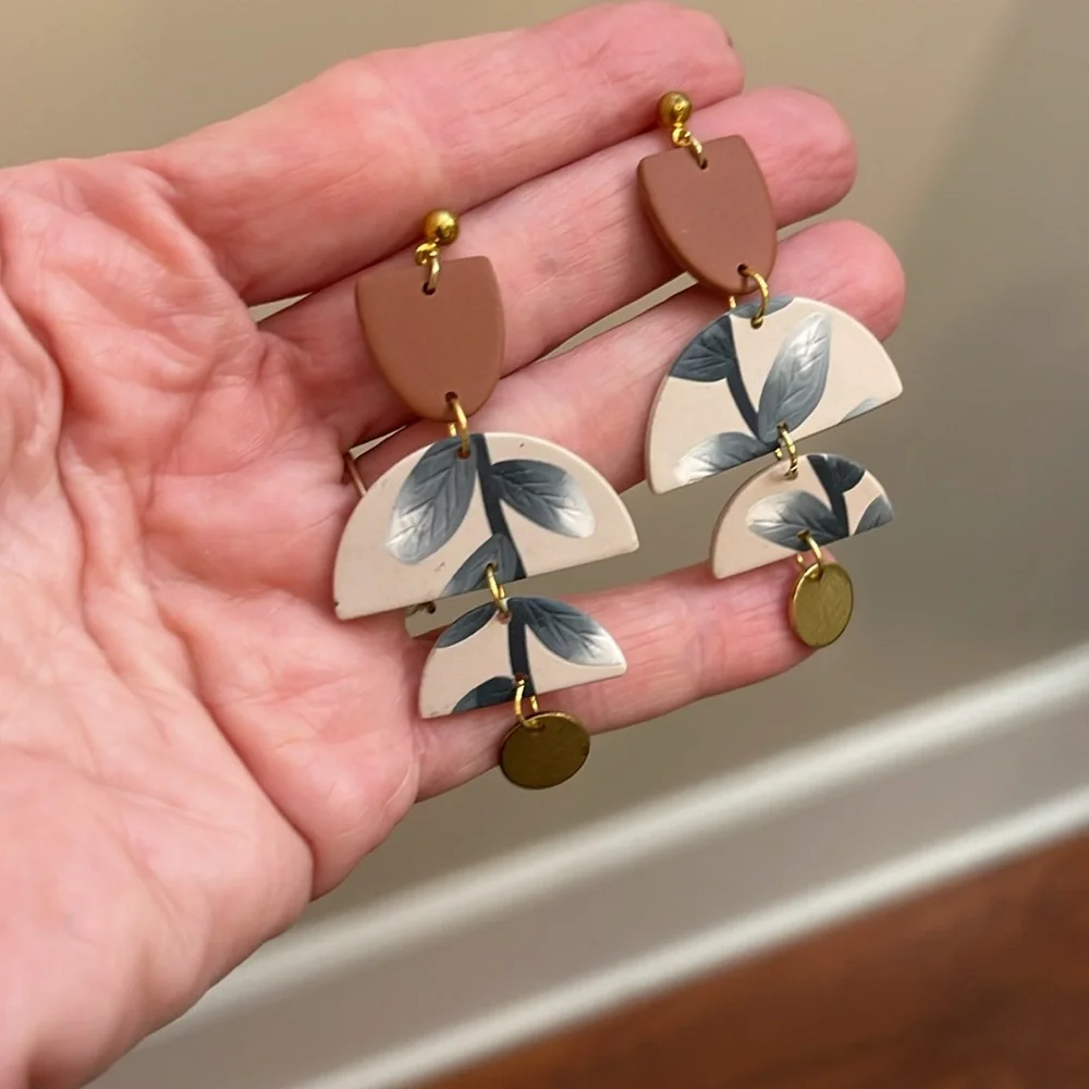 Boutique Style Polymer Clay Geometric Leaf Drop Earrings